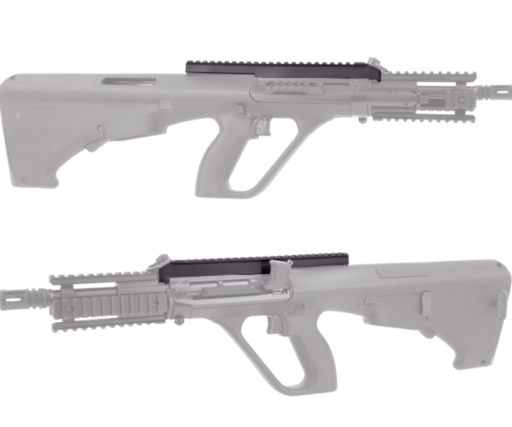 Side view of two modern rifles displayed horizontally, one above the other, showing rails and grips for comparison (informative photo).